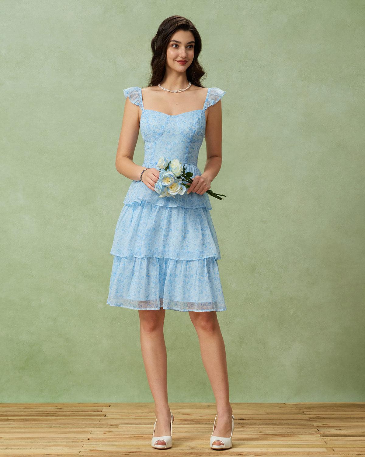 Blue Sweetheart Neck Tiered Midi Dress Product Image