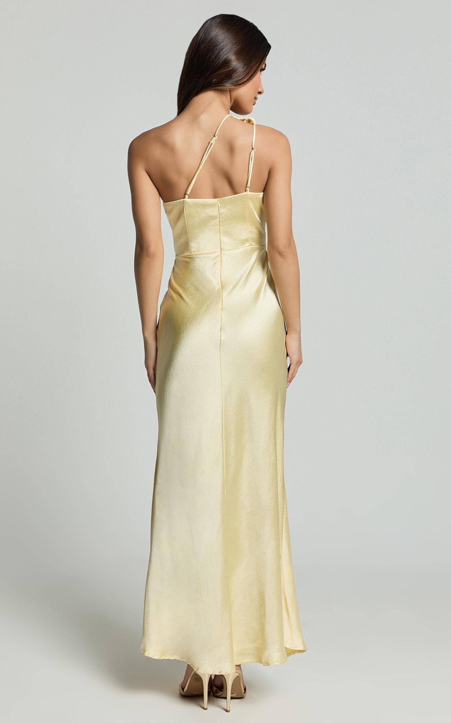 Estella Midi Dress - Asymmetrical Lace Detail Waist Slip Dress in Butter Product Image