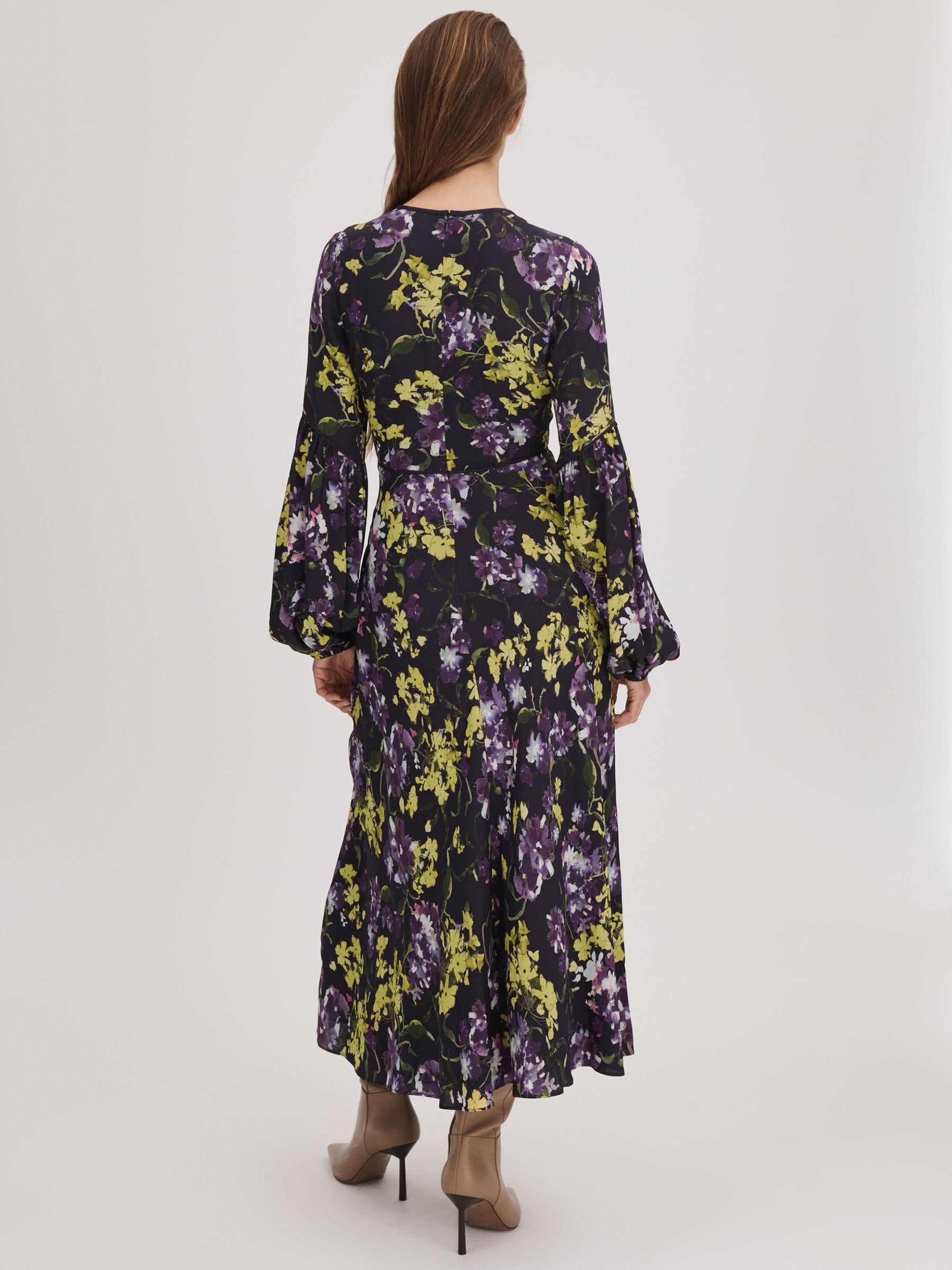 Florere Printed Blouson Sleeve Midi Dress in Dark Purple Product Image