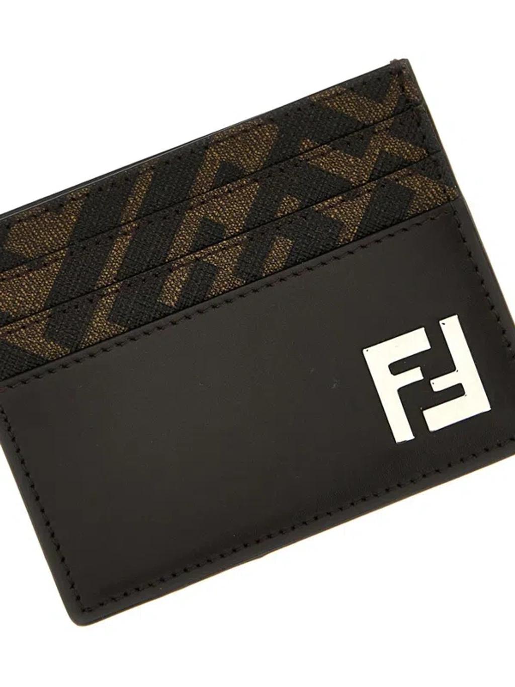 FENDI Brown Card-holder With Squared Ff Motif In Leather And Ff Canvas Man In Ebony Product Image