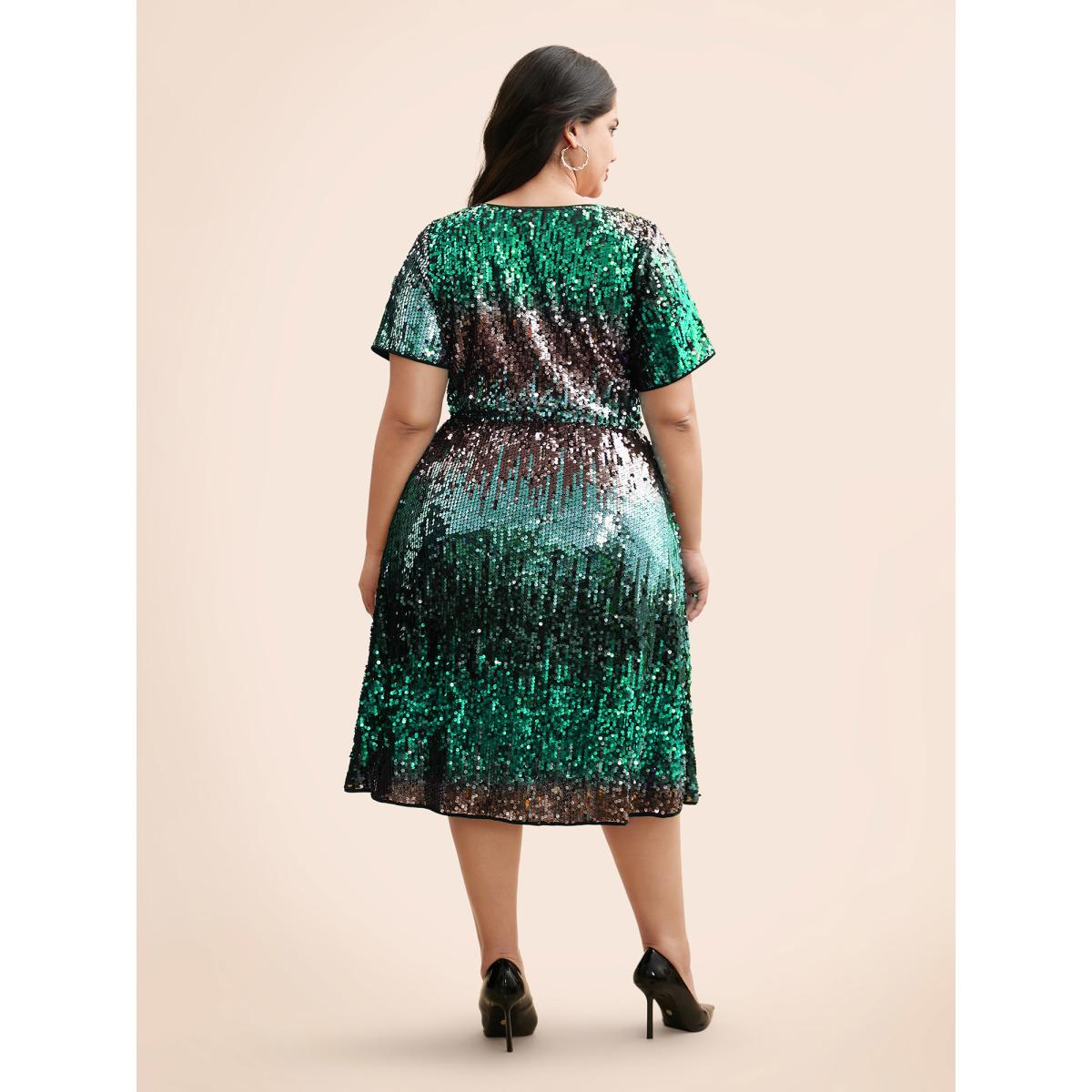 Plus Size Round Neck Ombre Sequin Dress Cerulean Women Cocktail Texture Party Curvy Bloomchic 10/M Product Image