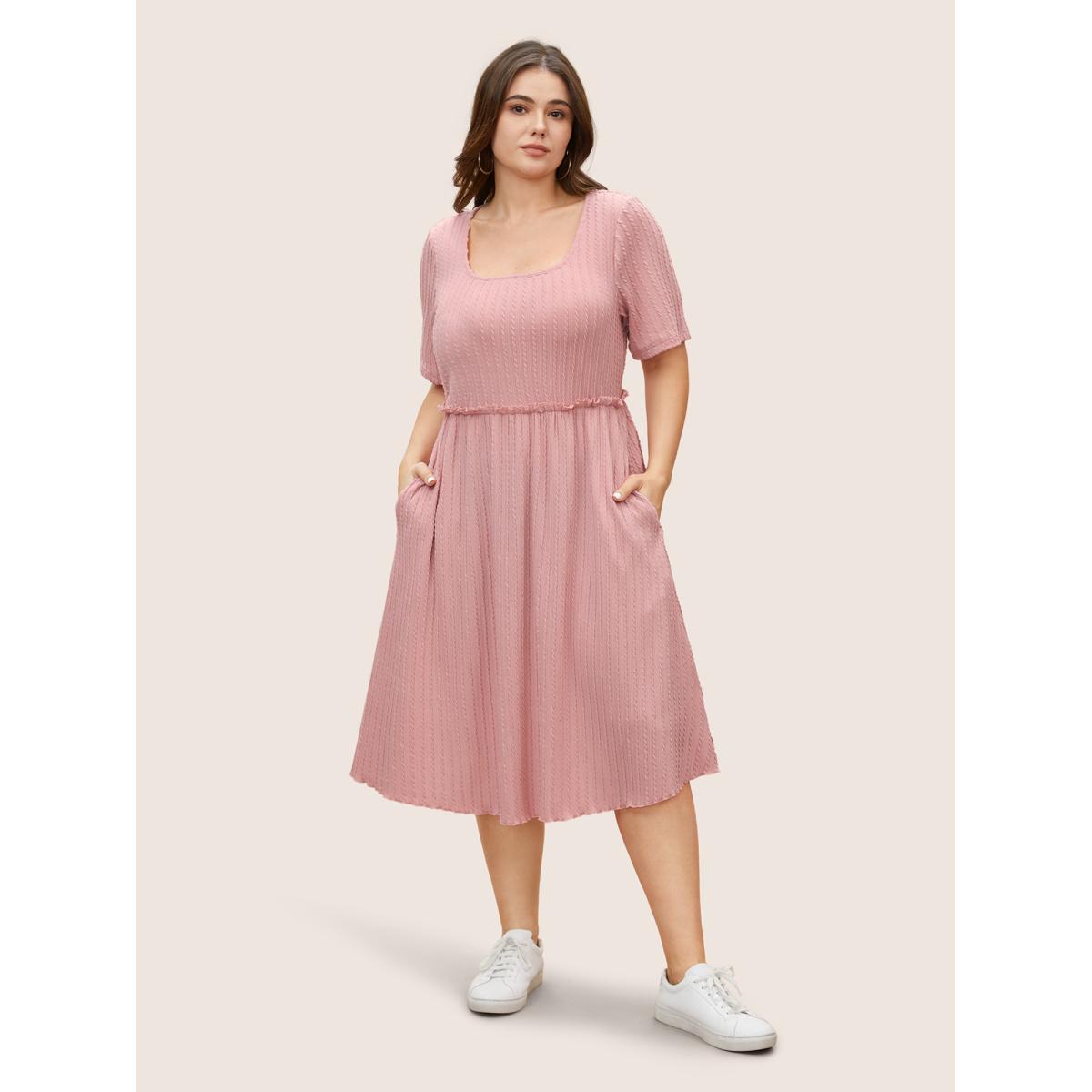 Plus Size Plain Textured Frill Trim Pocket Dress Pink Women Casual Frill Trim Round Neck Short sleeve Curvy BloomChic 22-24/3X Product Image
