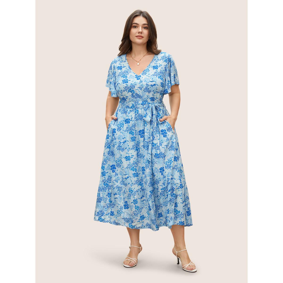 Plus Size V Neck Floral Ruffles Tie Knot Dress Skyblue Women Elegant Tie knot V-neck Short sleeve Curvy Midi Dress BloomChic 22-24/3X Product Image
