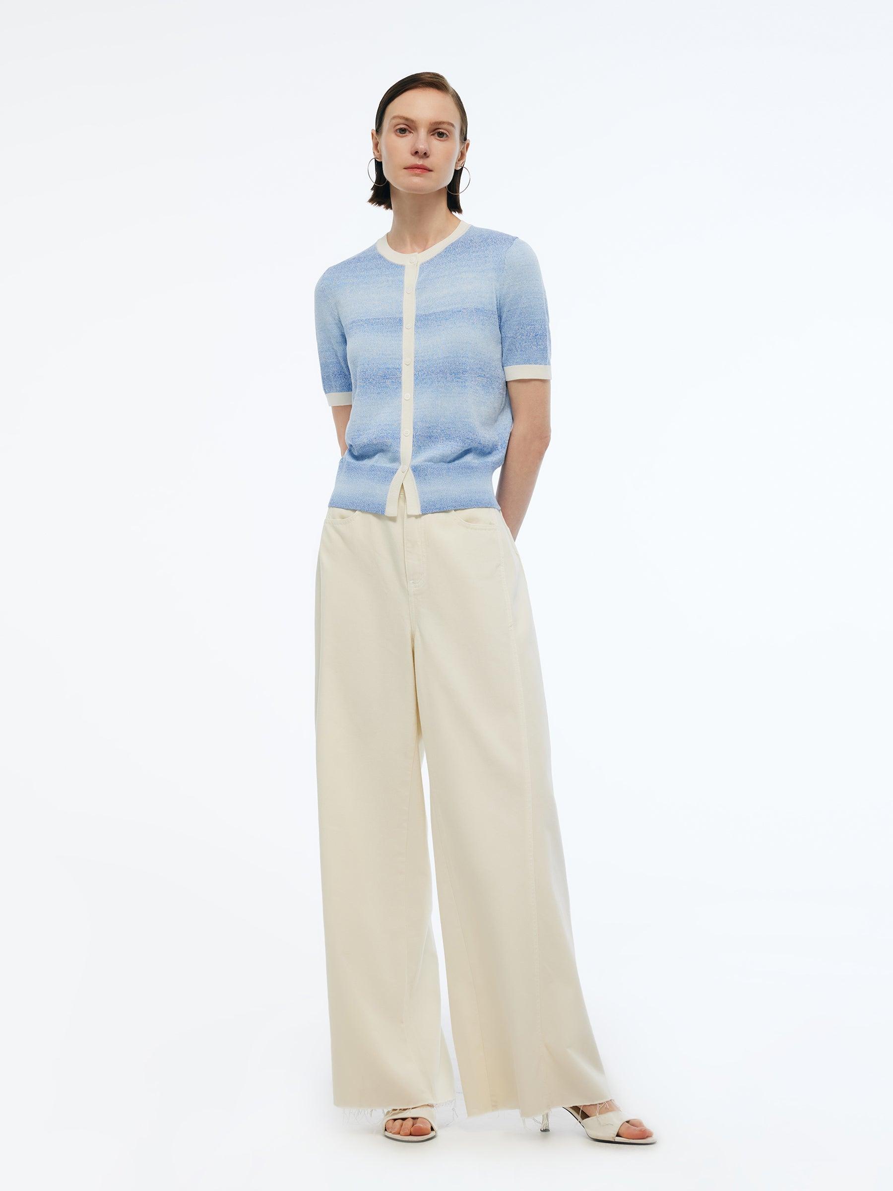 Blue And White Gradient Contrast Trim Women Cardigan Product Image