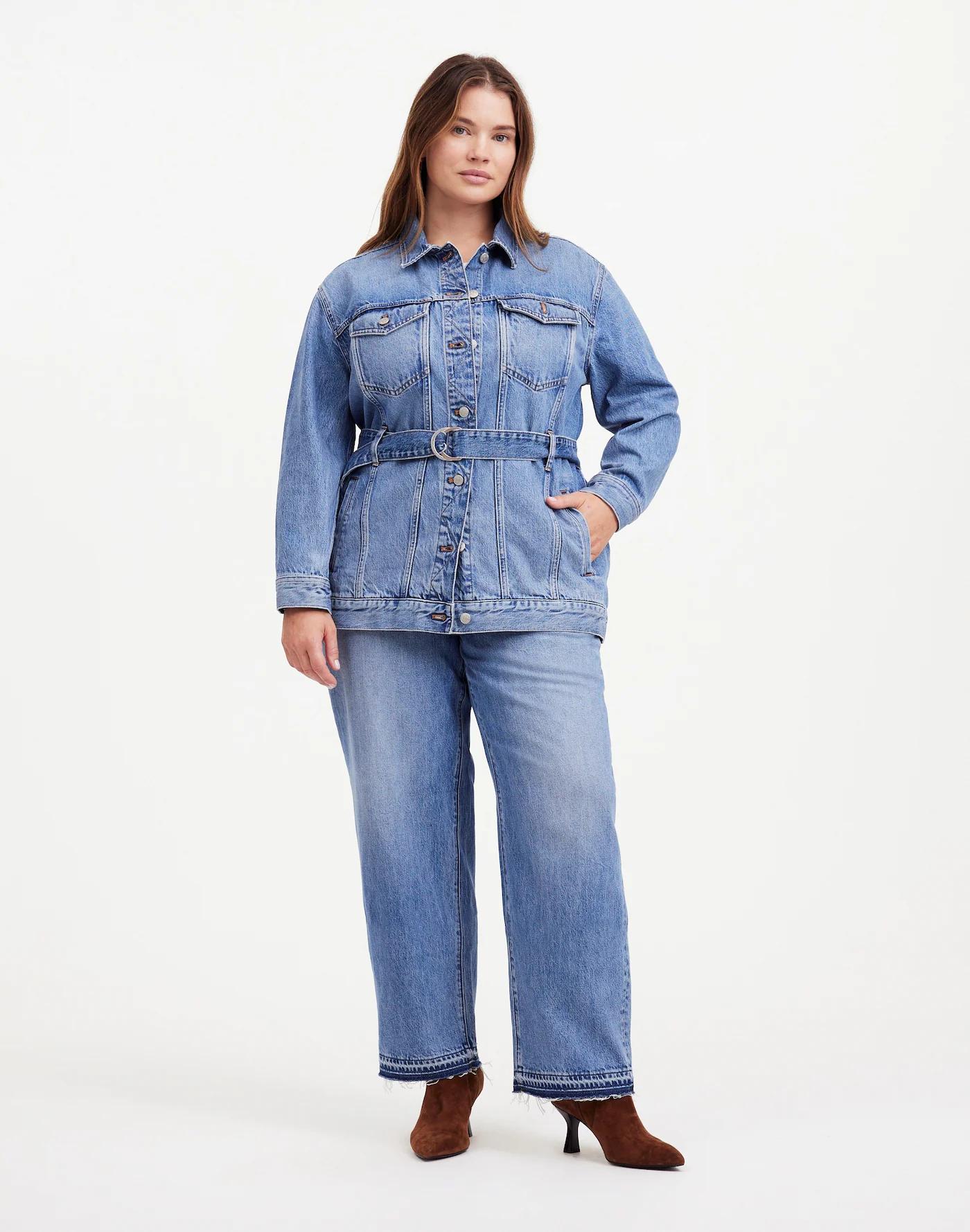 Plus Belted Oversized Trucker Jean Jacket in Reston Wash Product Image