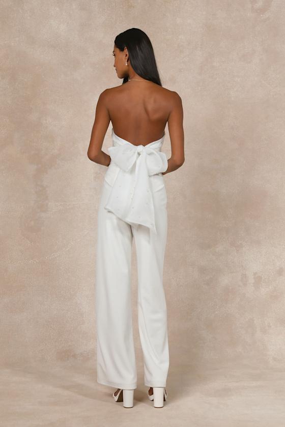 Marvelous Glow White Strapless Pearl Tie-Back Jumpsuit Product Image