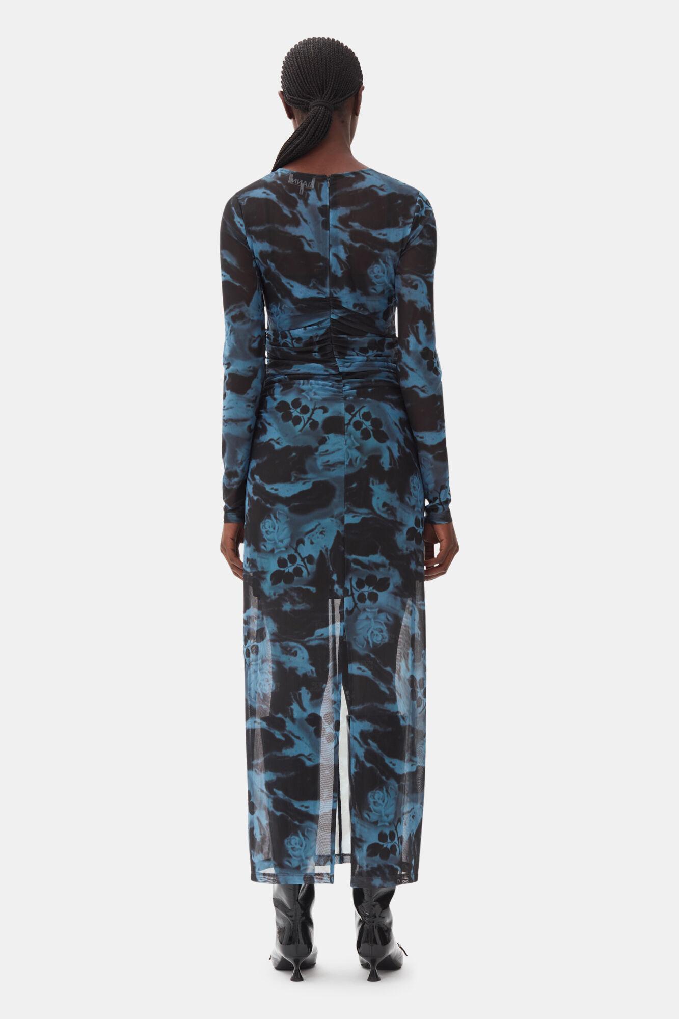 Blue Printed Mesh O-neck Ruched Long Dress Product Image