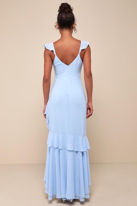 Charming Event Light Blue Asymmetrical Ruffled Maxi Dress Product Image