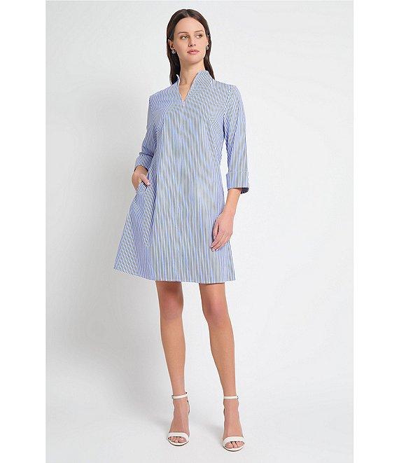 Ming Wang Cotton Stripe Mandarin Collar Zip Front 3/4 Sleeve Dress Product Image