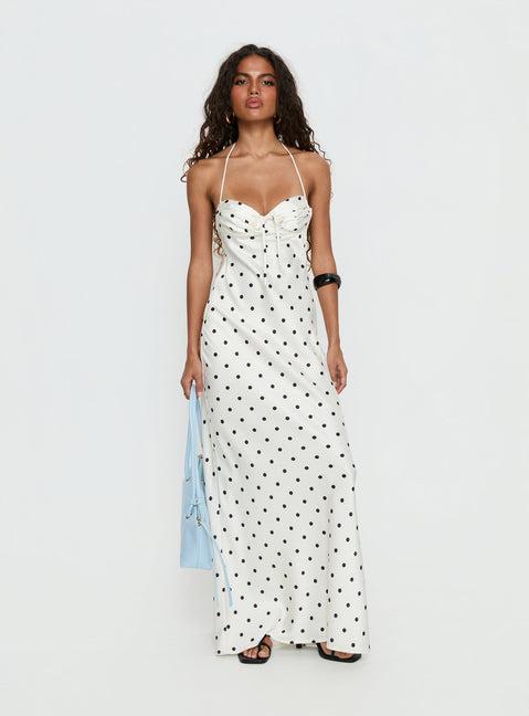 Costella Halter Satin Maxi Dress Cream Polka Dot Product Image
