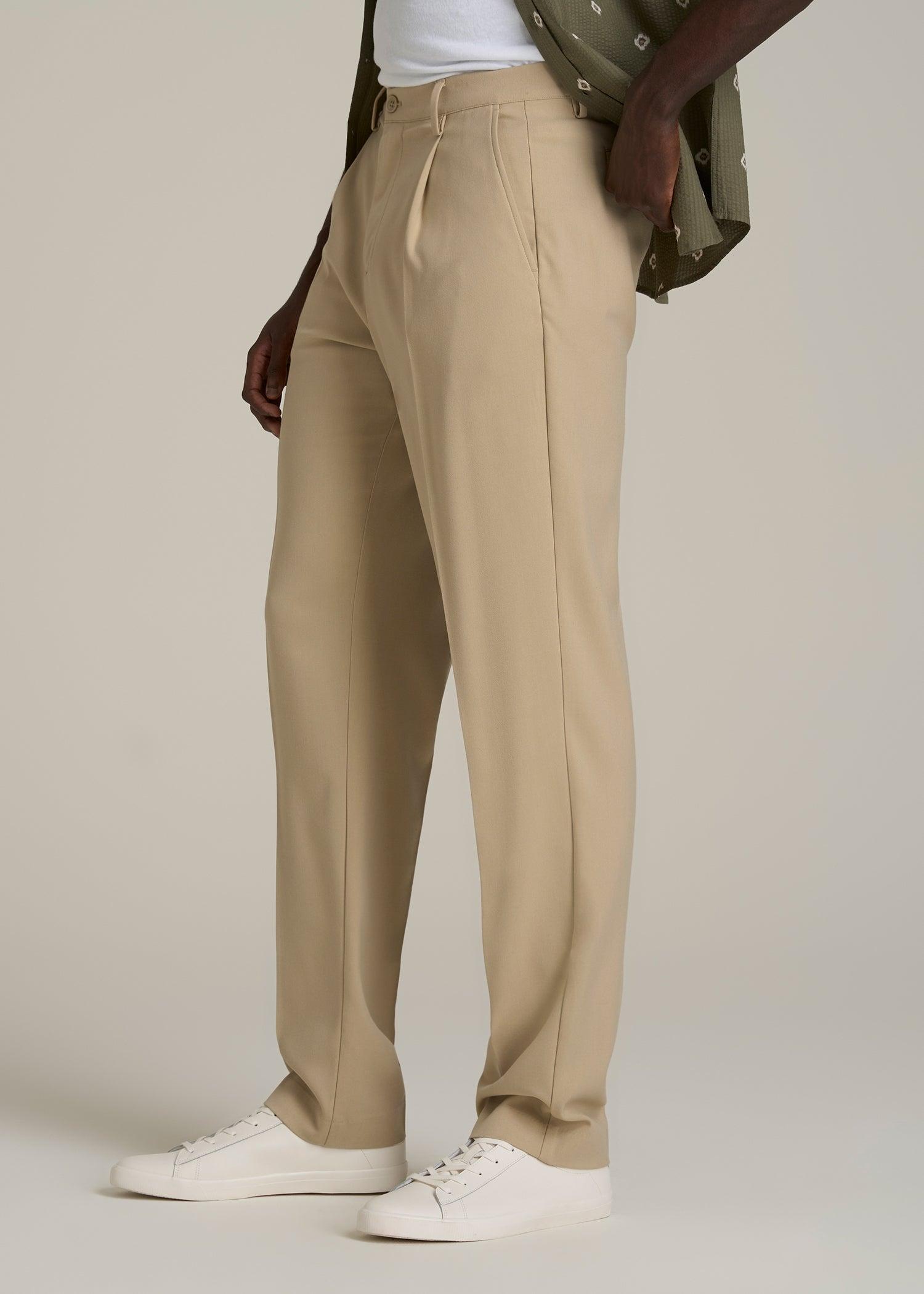 Relaxed Pleated Trousers for Tall Men in Light Khaki Male Product Image