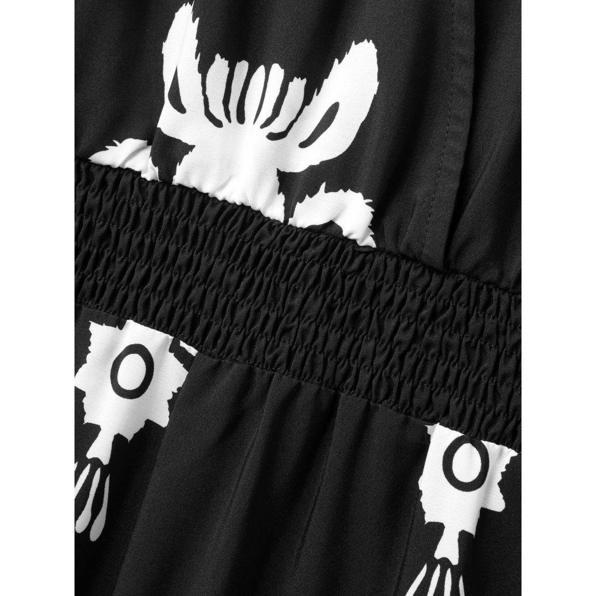 Plus Size Black Boho Print Shirred Waist Surplice Jumpsuit Women Boho Short sleeve V-neck Vacation Loose Jumpsuits BloomChic 30/6X Product Image