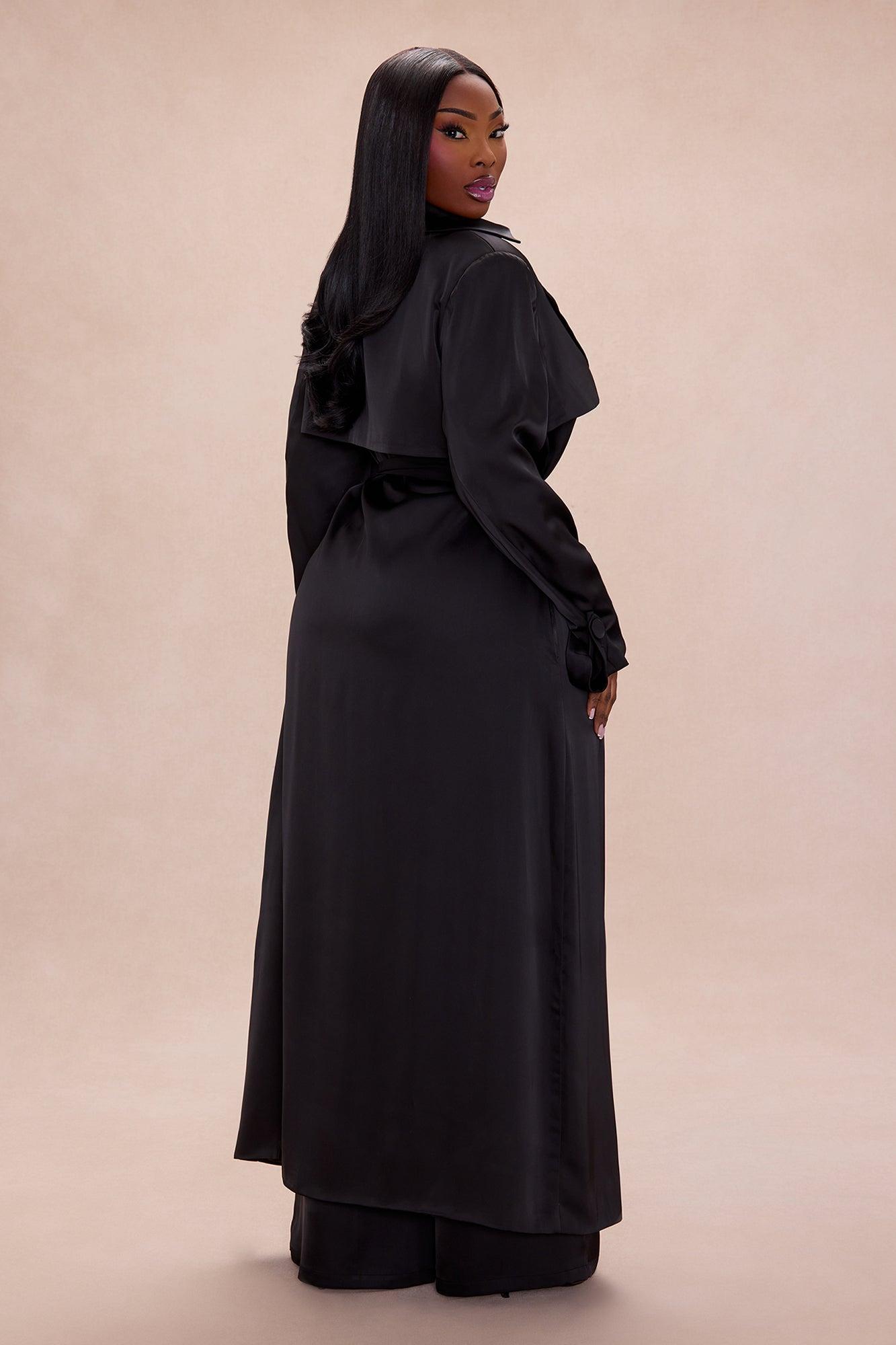 Gabriella Satin Trench Coat And Pant Set - Black Female Product Image