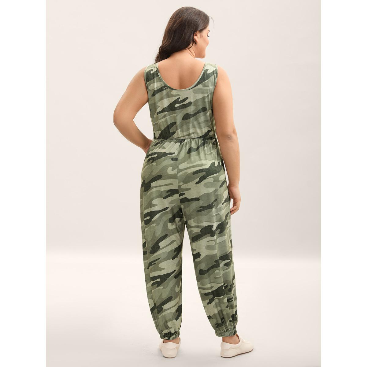 Plus Size Sage Stretchy Waist Camouflage Print Pockets Jumpsuit Women Leisure Sleeveless Round Neck Casual Loose Jumpsuits BloomChic 12/L Product Image