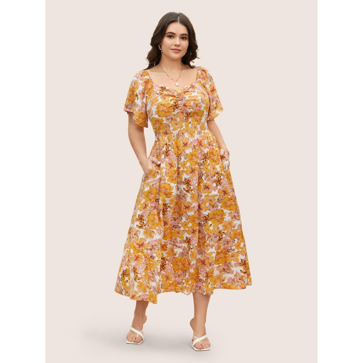 Plus Size Floral Heart Neckline Flutter Sleeve Dress Turmeric Women Elegant Twist Heart neckline Short sleeve Curvy BloomChic 22-24/3X Product Image