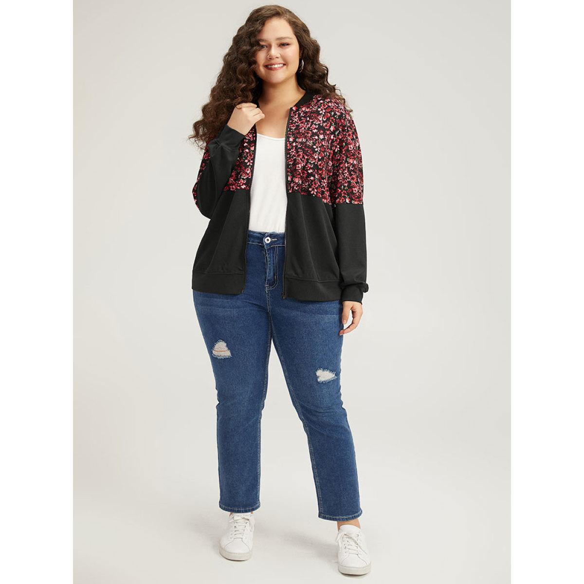 Plus Size Ditsy Floral Patchwork Zipper Elastic Cuffs Jacket Women Black Elastic cuffs Dailywear Jackets BloomChic 10/M Product Image