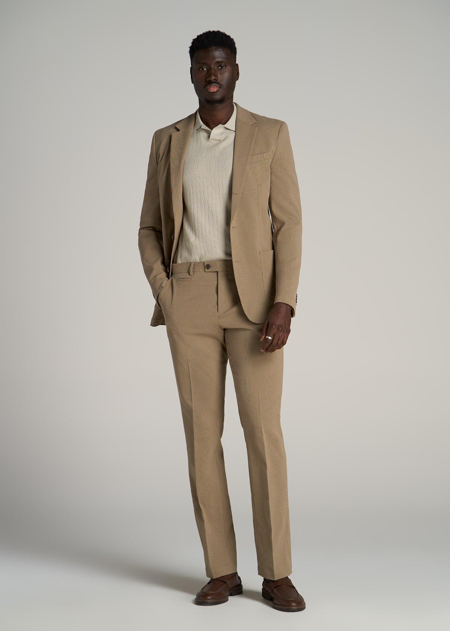 Textured Garment Washed Stretch Cotton Suit Pants for Tall Men in Desert Khaki Male Product Image