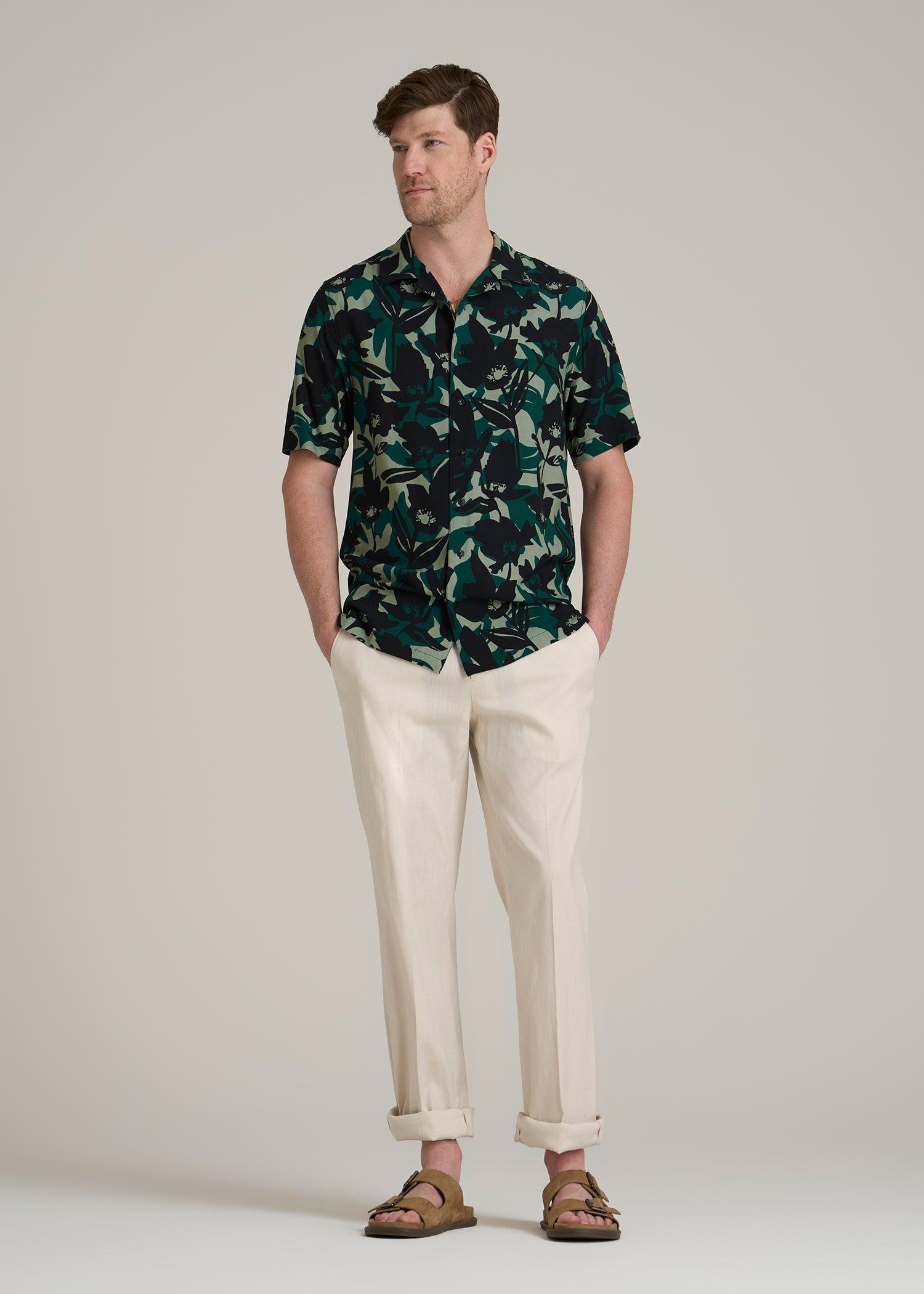 Short Sleeve Resort Shirt for Tall Men in Green and Black Floral Male Product Image