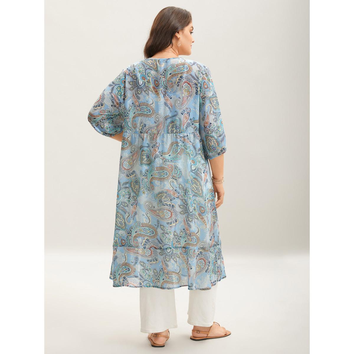 Plus Size Paisley Print Sheer Tied Kimono Cardigan Women LightBlue Boho Tie knot Vacation Kimonos BloomChic 28/5X Product Image