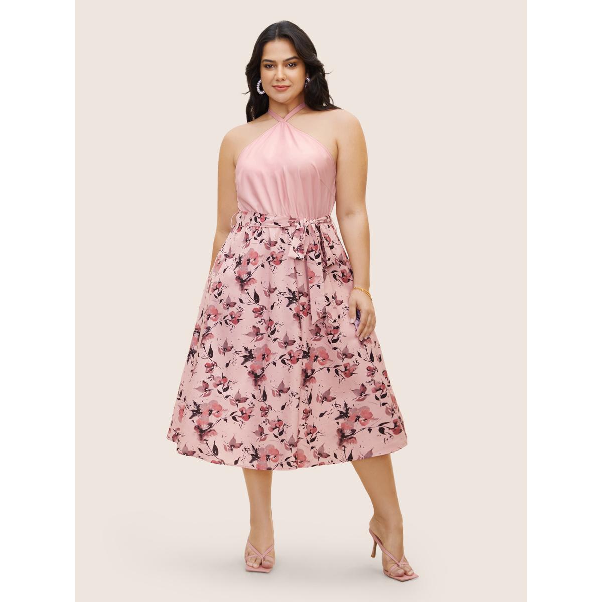 Plus Size Halter Neck Floral Patchwork Midi Dress Nudepink Women Elegant Belted Halter neck Sleeveless Curvy BloomChic 28/5X Product Image