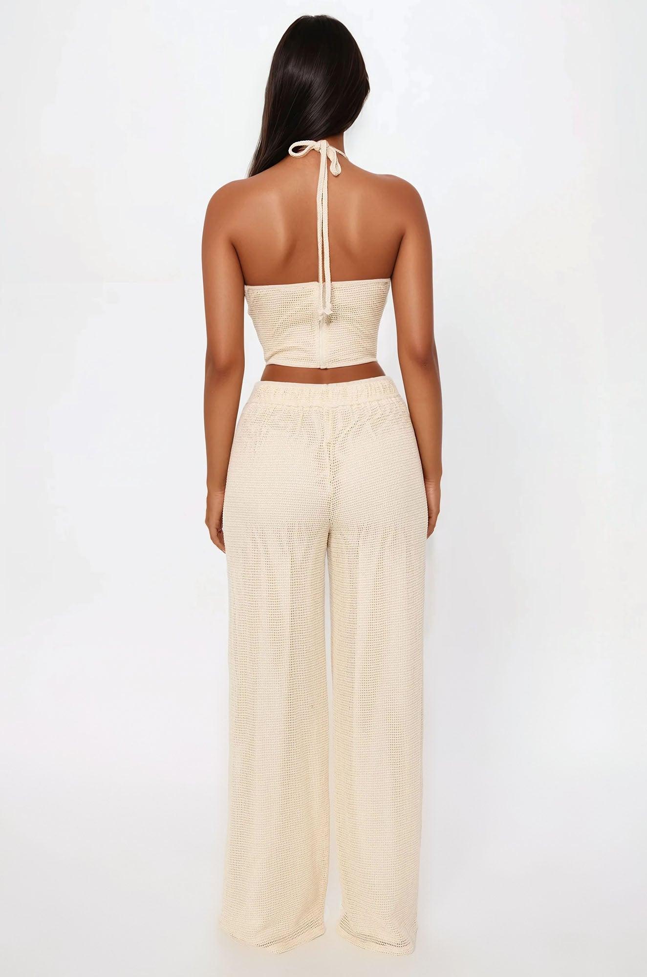 Maya 3D Flower Crochet Pant Set - Cream Female Product Image