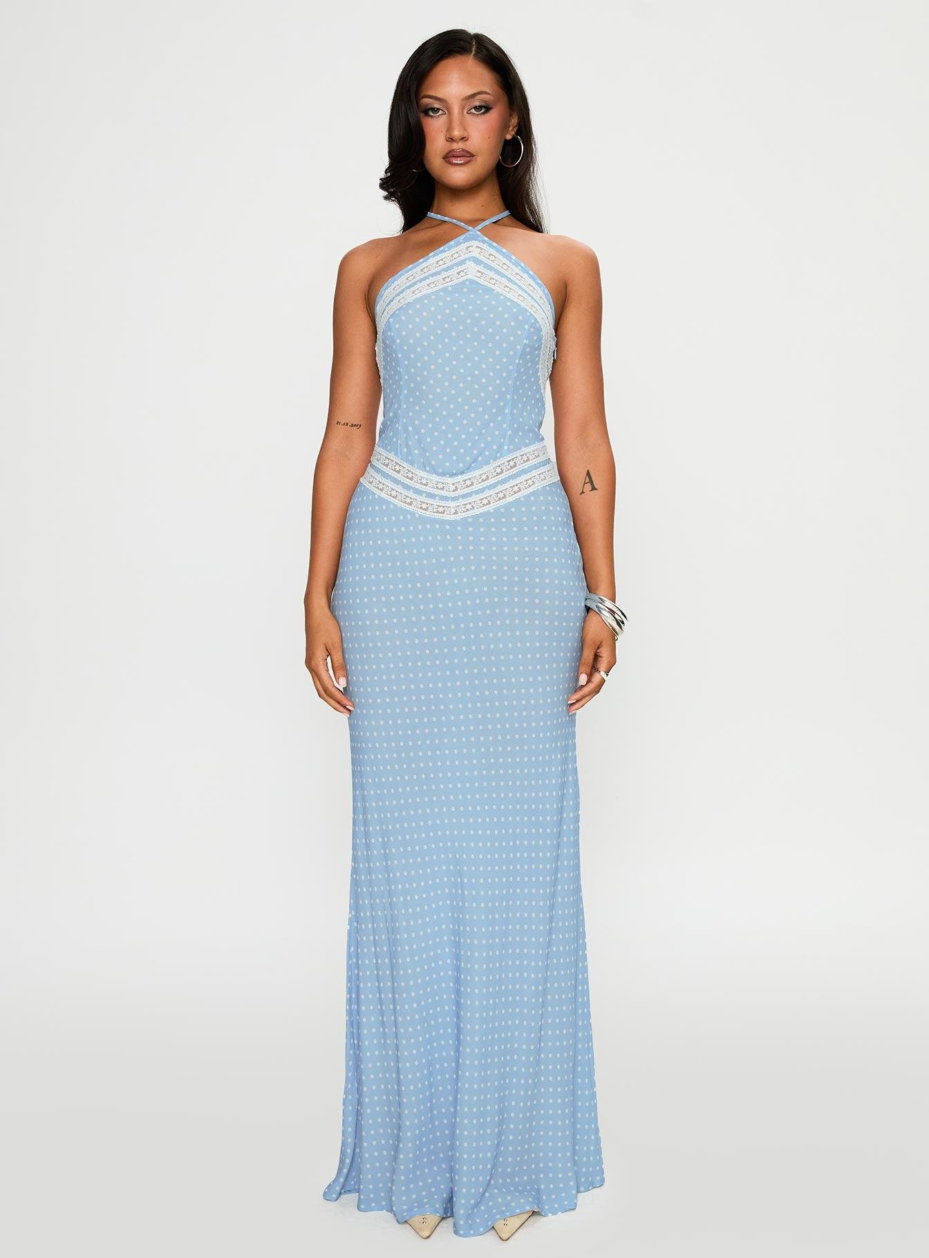 Wild Joy Halter Maxi Dress Blue Polka Product Image
