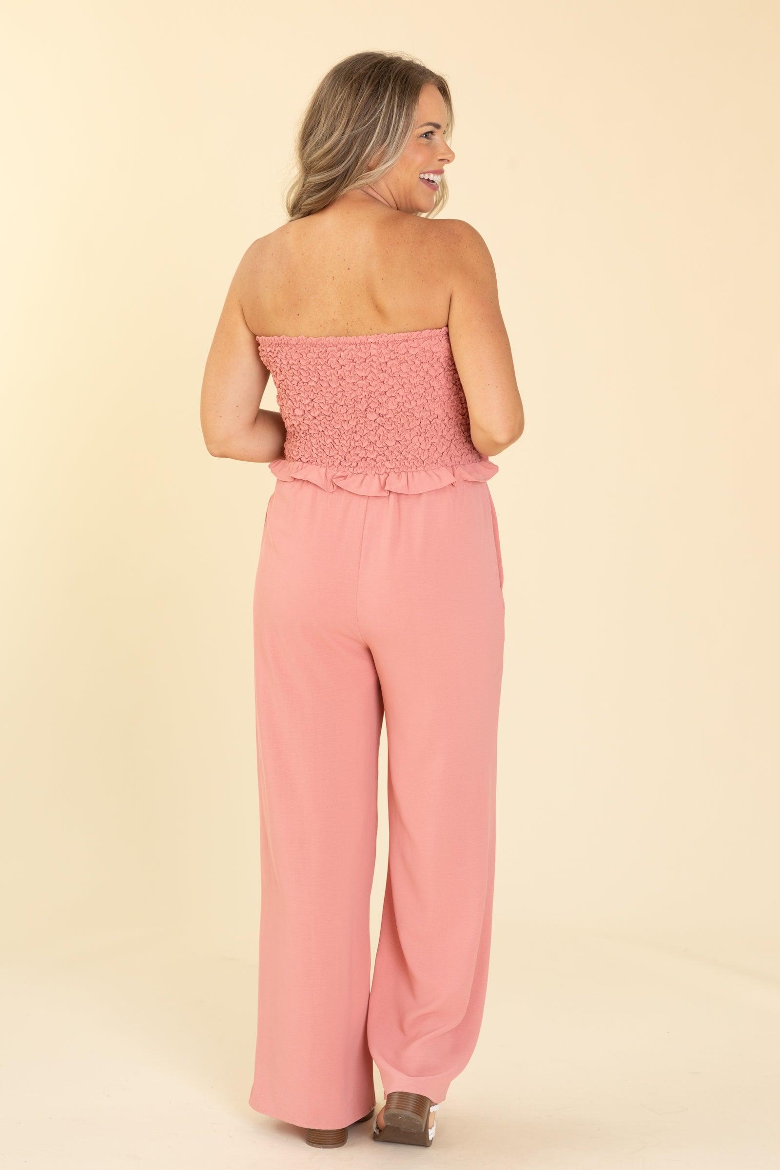 Dusty Rose Smocked Bodice Strapless Jumpsuit Product Image