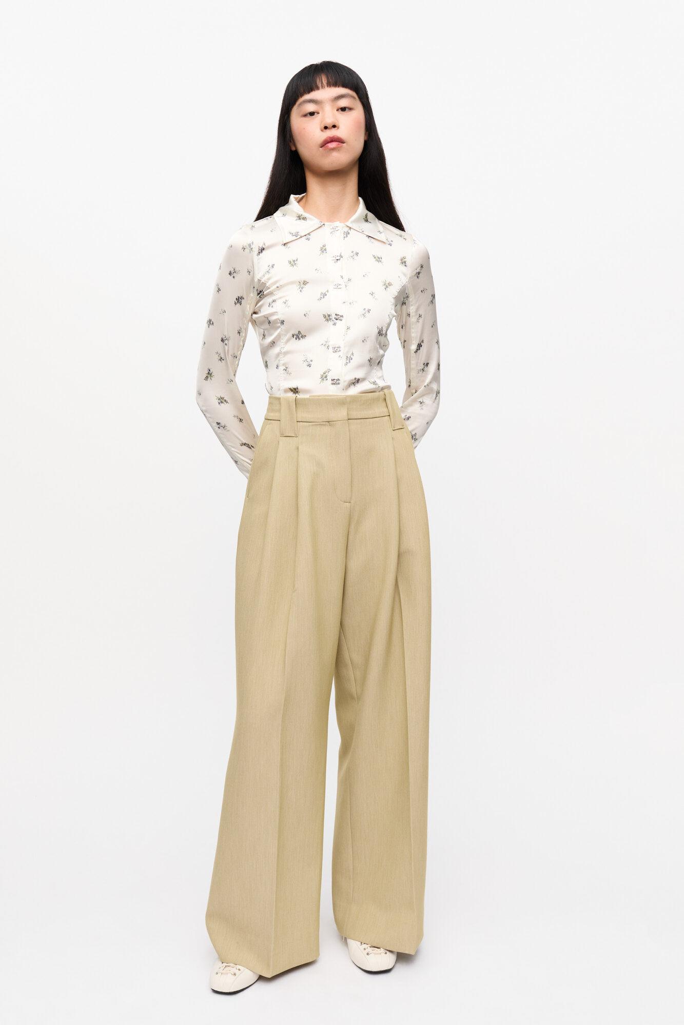 Beige Twill Suiting Mid Waist Pants Product Image