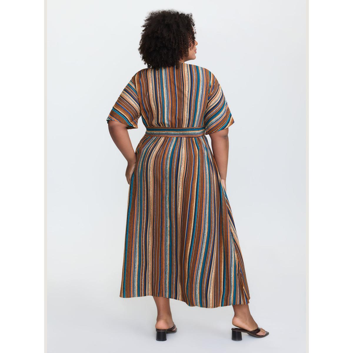 Plus Size Striped Contrast Dolman Sleeve Shirred Pocket Split Flutter Dress Multicolor Women Boho Non V-neck Half Sleeve Curvy BloomChic 26/4X Product Image