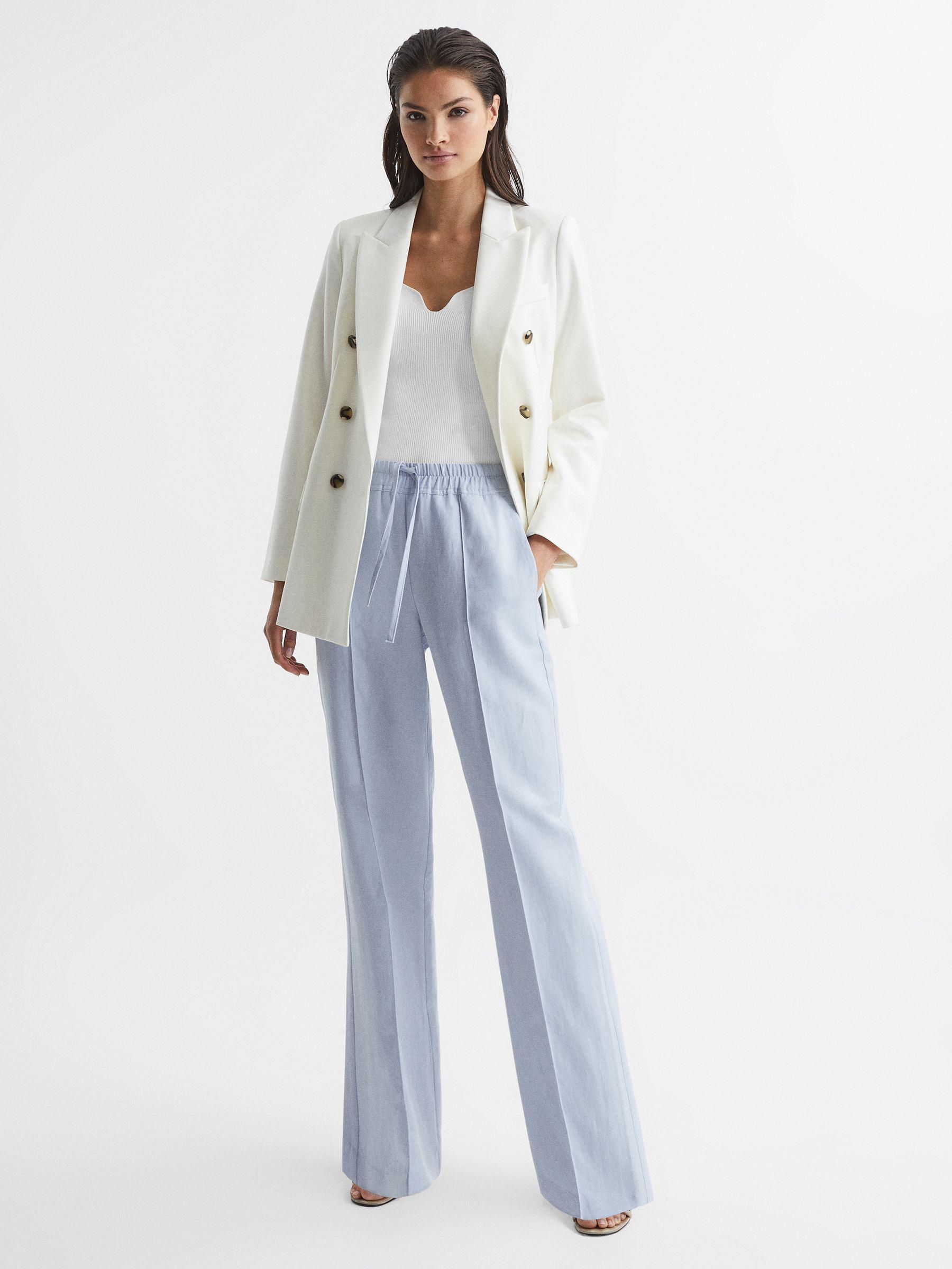 Linen Blend Pull On Trousers in Blue Product Image