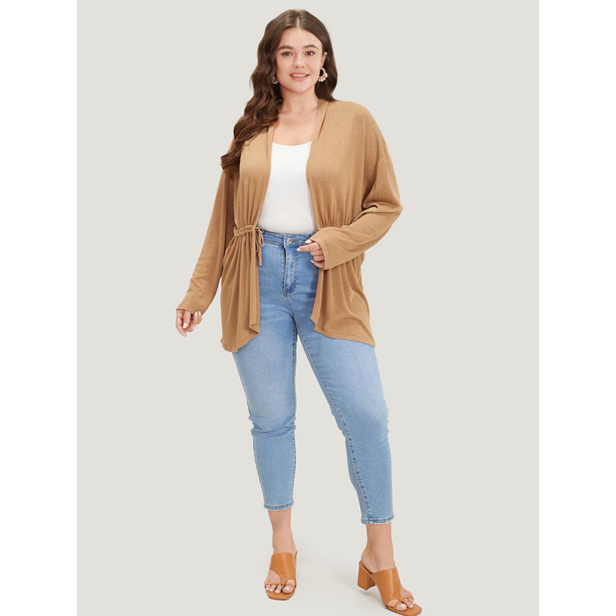 Plus Size Plain Drawstring Bowknot Front Drop Shoulder Cardigan Tan Women Casual Loose Long Sleeve Everyday Cardigans BloomChic 18-20/2X Product Image