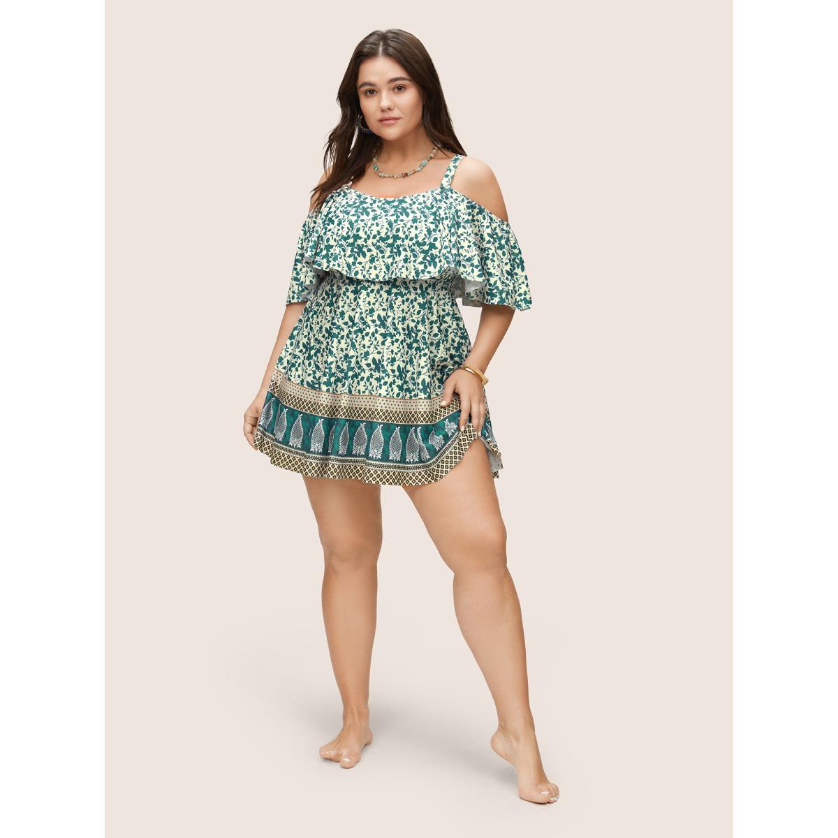 Plus Size Bandana Print Cold Shoulder Swim Dress Women's Swimwear Emerald Beach Bodycon One-shoulder neck High stretch Curve Swim Dresses BloomChic 14-16/1X Product Image