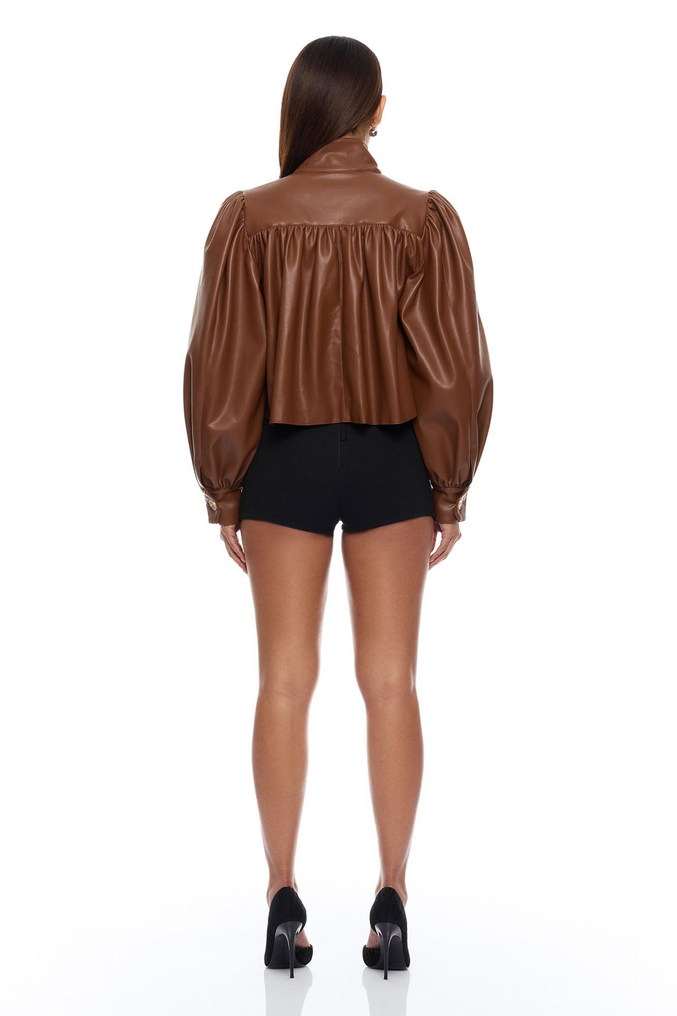 Marnie Balloon Sleeve Faux Leather Jacket - Brown Female Product Image