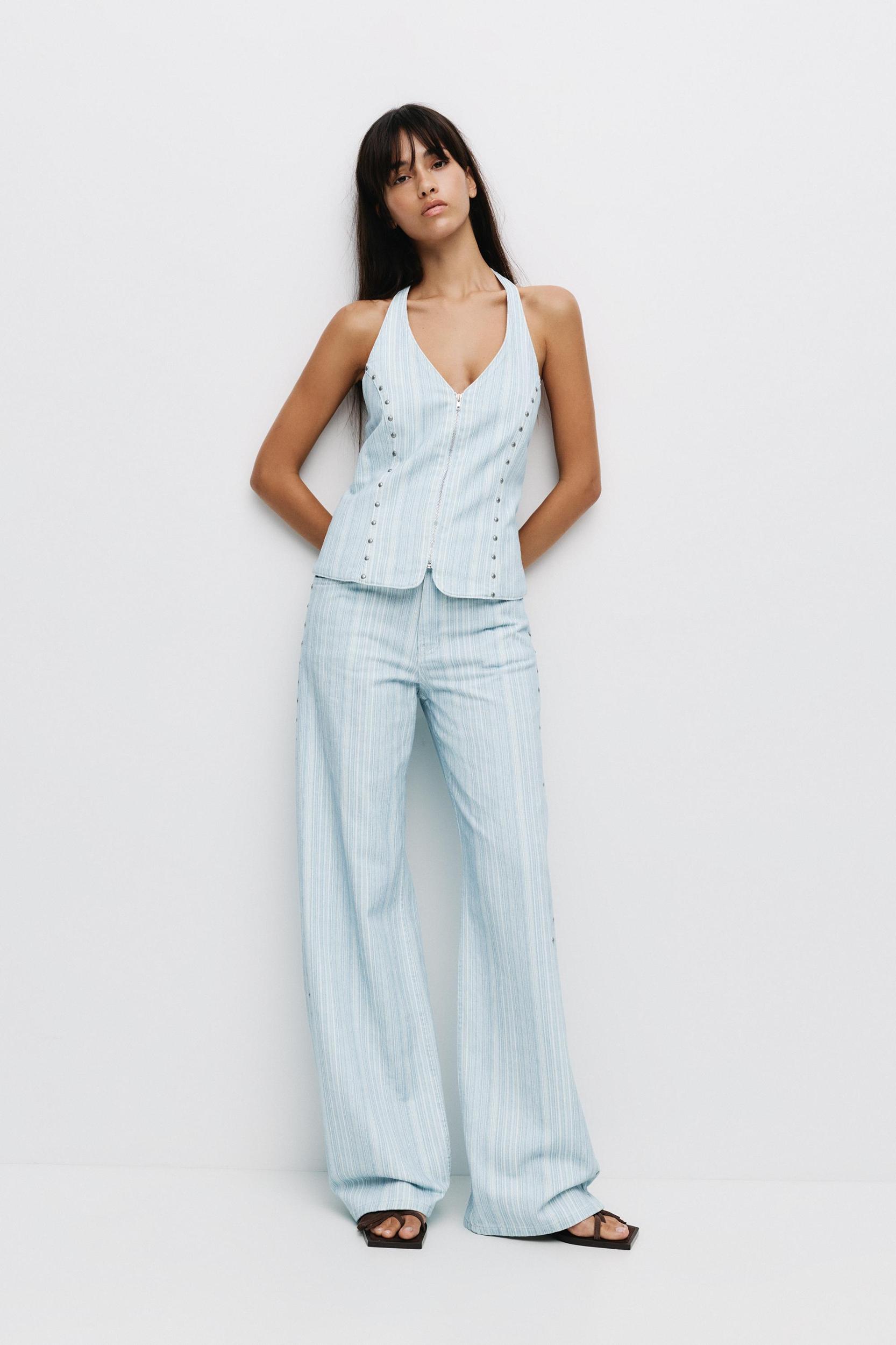 Striped denim halter top Product Image