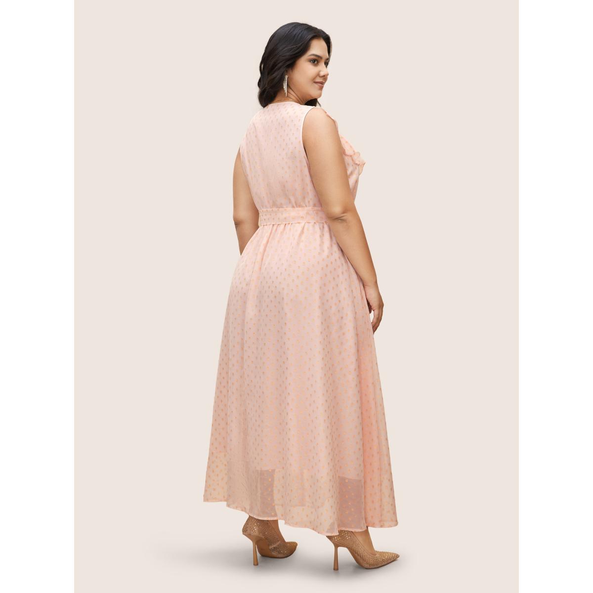 Plus Size Polka Dot Ruffles Belted Sleeveless Dress MistyRose Women Formal Belted V-neck Sleeveless Curvy BloomChic 30/6X Product Image