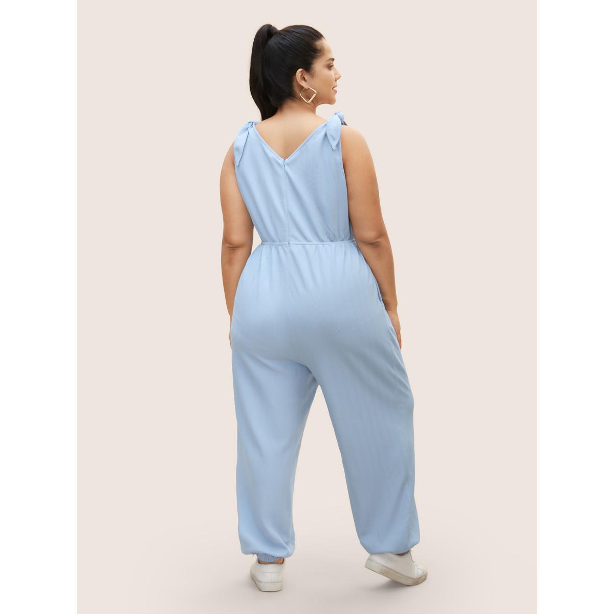 Plus Size LightBlue Solid Tie Knot Pit Strip Jumpsuit Women Casual Sleeveless V-neck Everyday Loose Jumpsuits BloomChic 14-16/1X Product Image