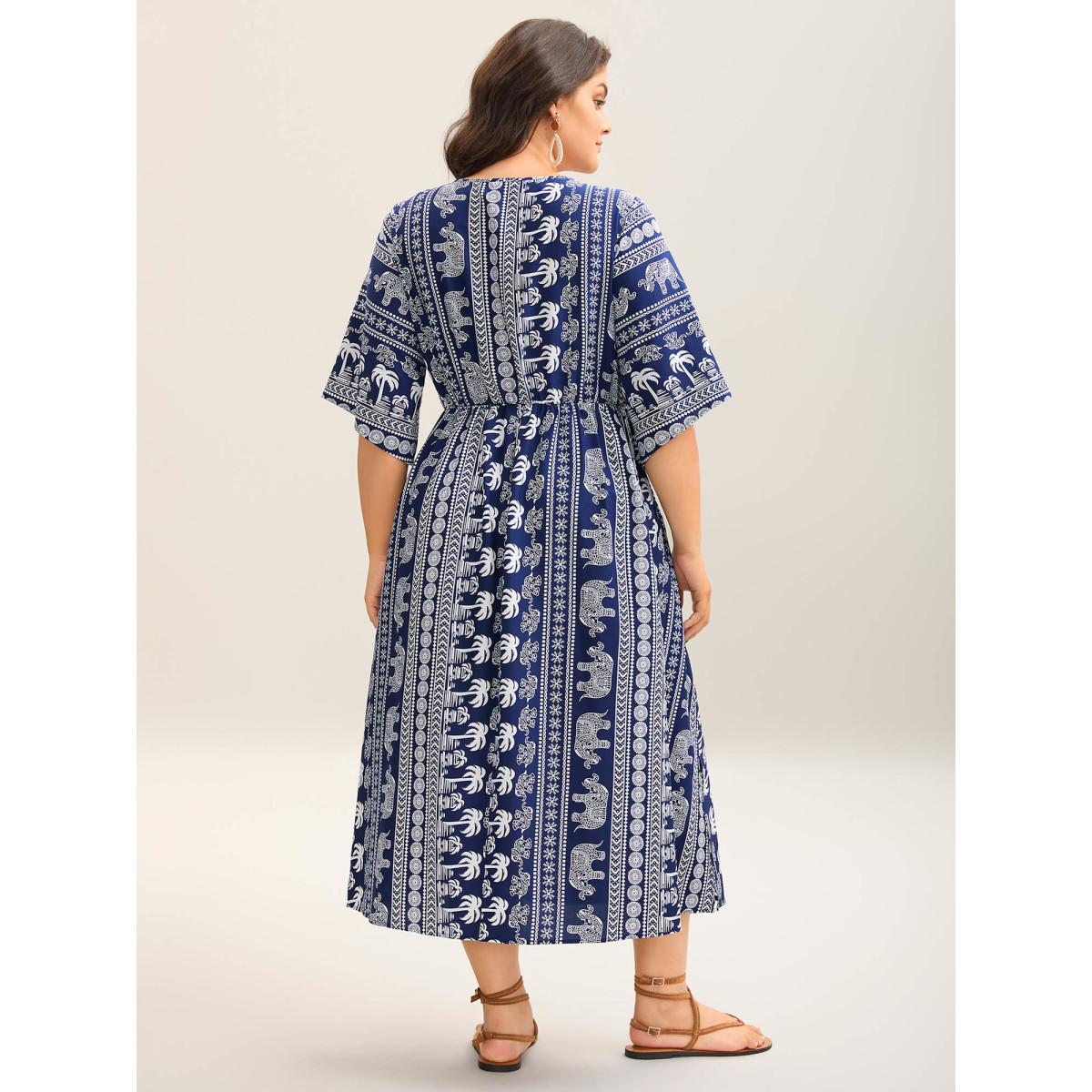 Plus Size Resort Ready Print Shirred Waist Maxi Dress DarkBlue Women Overlap Collar Half Sleeve Curvy BloomChic 22-24/3X Product Image