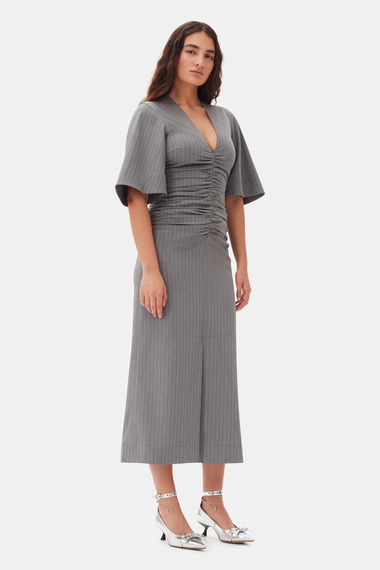 Grey Striped Suiting V-neck Fitted Dress Product Image