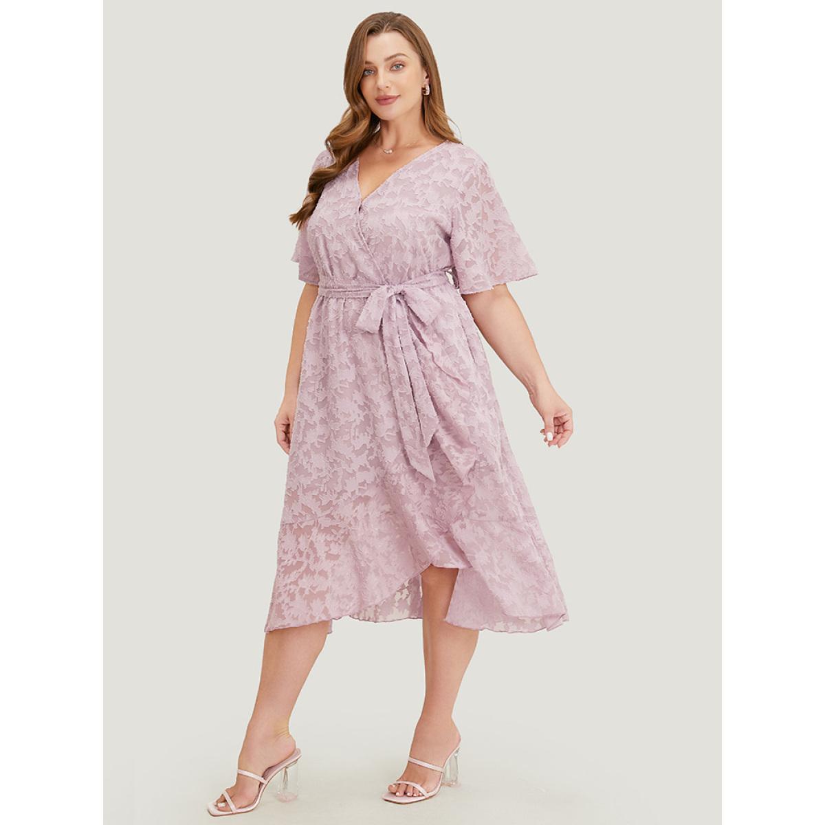 Plus Size Plain Floral Pocket Belted Mesh Ruffle Trim Wrap Midi Dress Lilac Women Glamour Lined V-neck Short sleeve Curvy Midi Dress BloomChic 30/6X Product Image