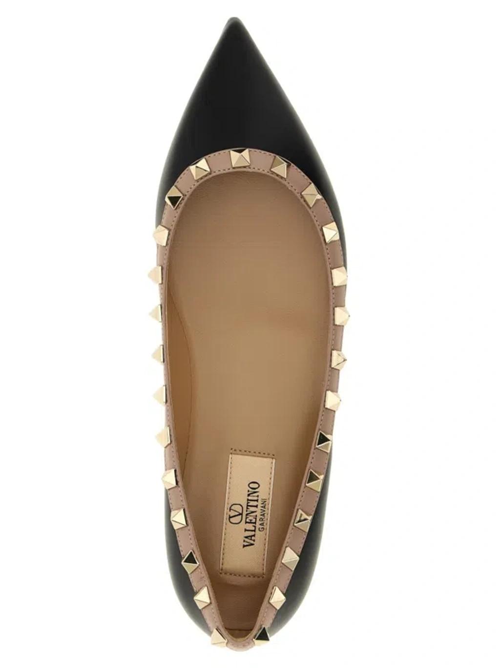 VALENTINO GARAVANI Pointed Toe Studded Trim Flat Sole Ballerina In Black Product Image