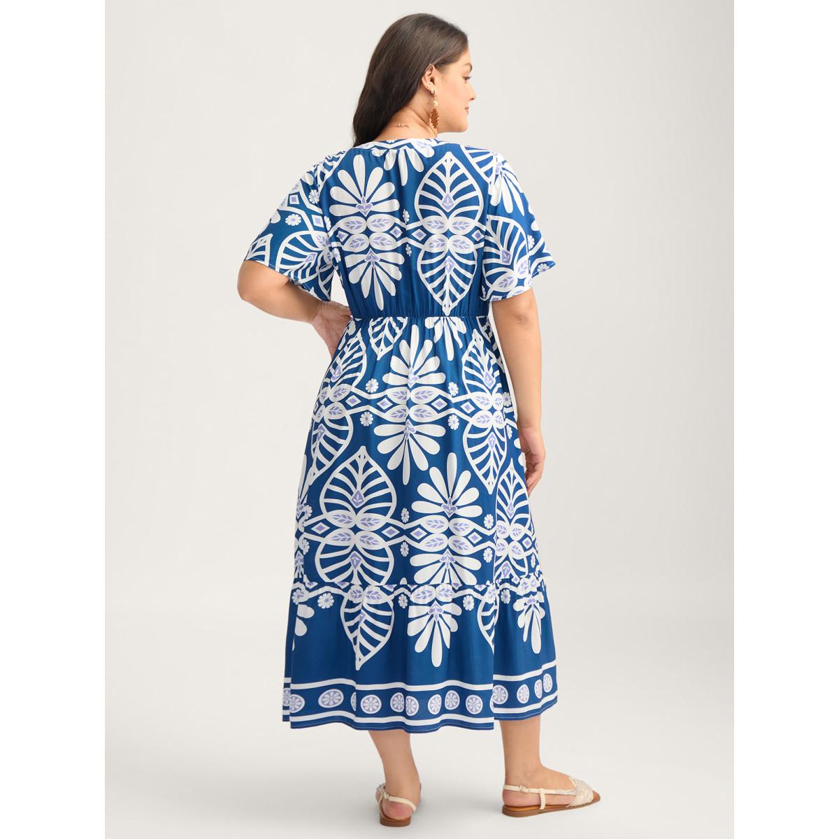 Plus Size Rayon Ornate Print Cinched-Waist Midi Dress Indigo Women V-neck Short sleeve Curvy BloomChic 18-20/2X Product Image