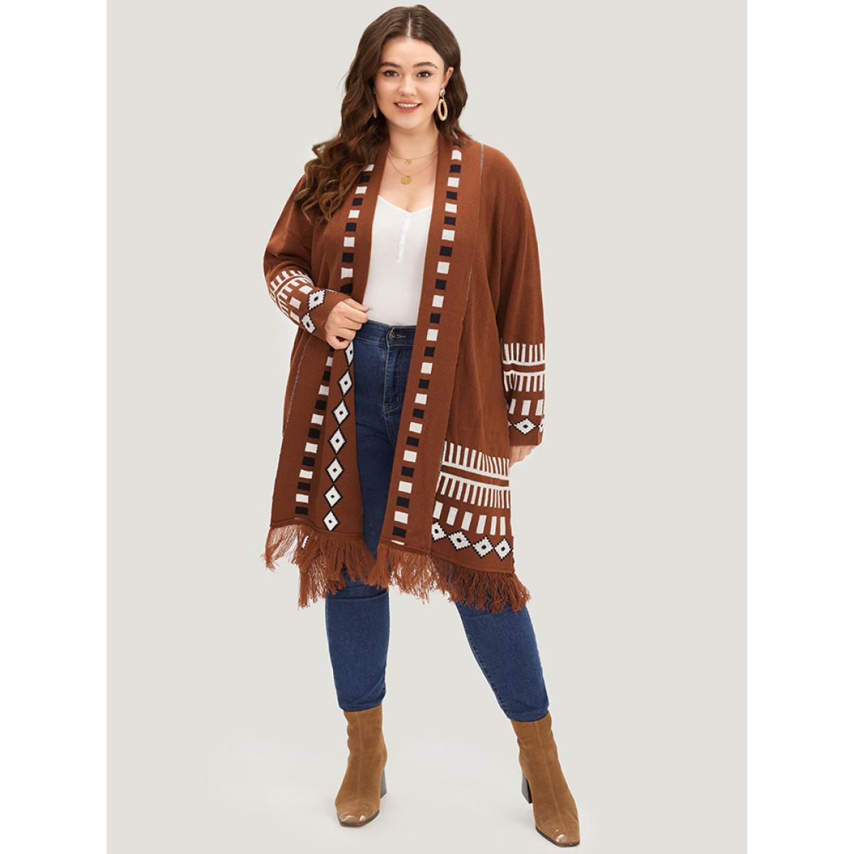 Plus Size Geometric Tassel Trim Open Front Cardigan Maroon Women Casual Loose Long Sleeve Dailywear Cardigans BloomChic 14-16/1X Product Image