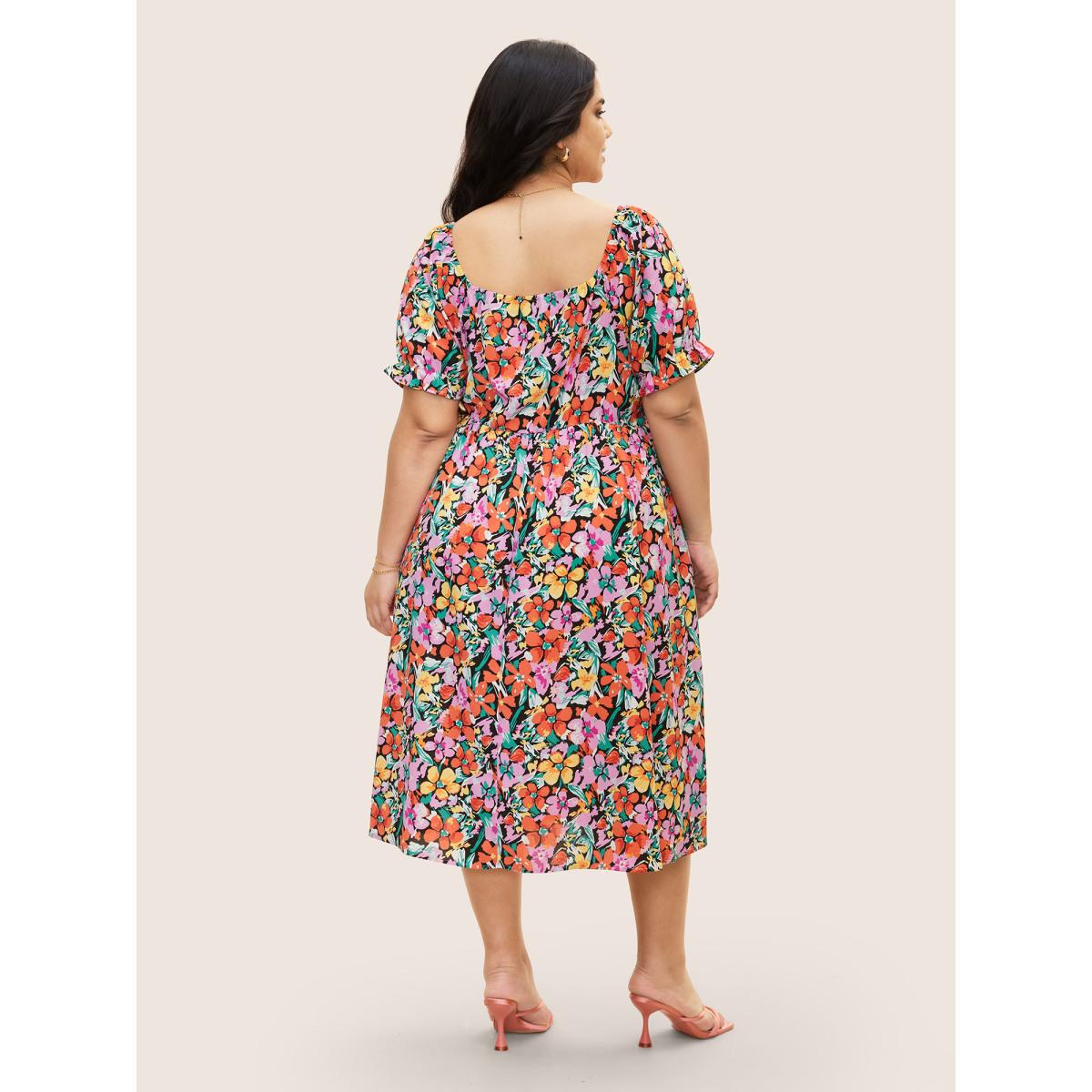 Plus Size Square Neck Floral Drawstring Split Hem Dress Black Women Elegant Gathered Square Neck Short sleeve Curvy BloomChic 14-16/1X Product Image
