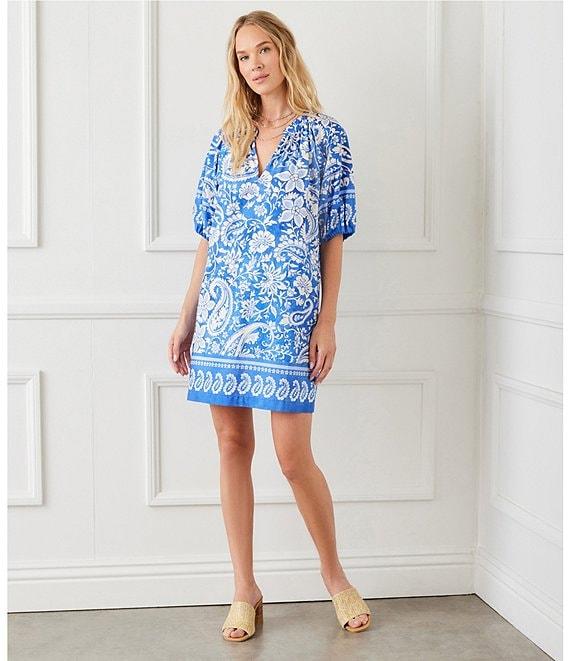 Karen Kane Split V-Neck Short Sleeve Floral Paisley Print Dress Product Image