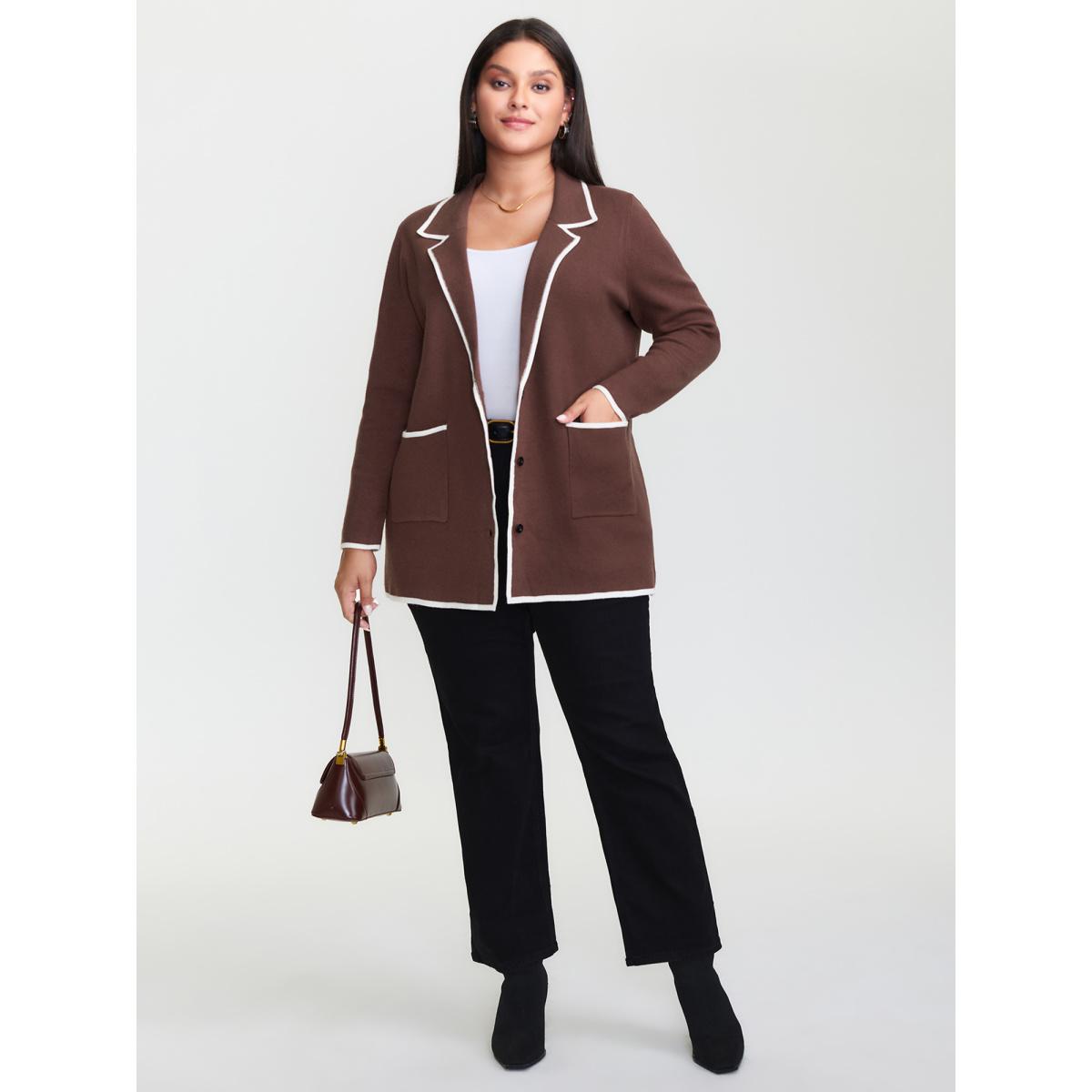 Plus Size Suit Collar Color Contrast Pockets Knit Cardigan Browncoffeecolor Women Loose Long Sleeve Office Cardigans BloomChic 14-16/1X Product Image
