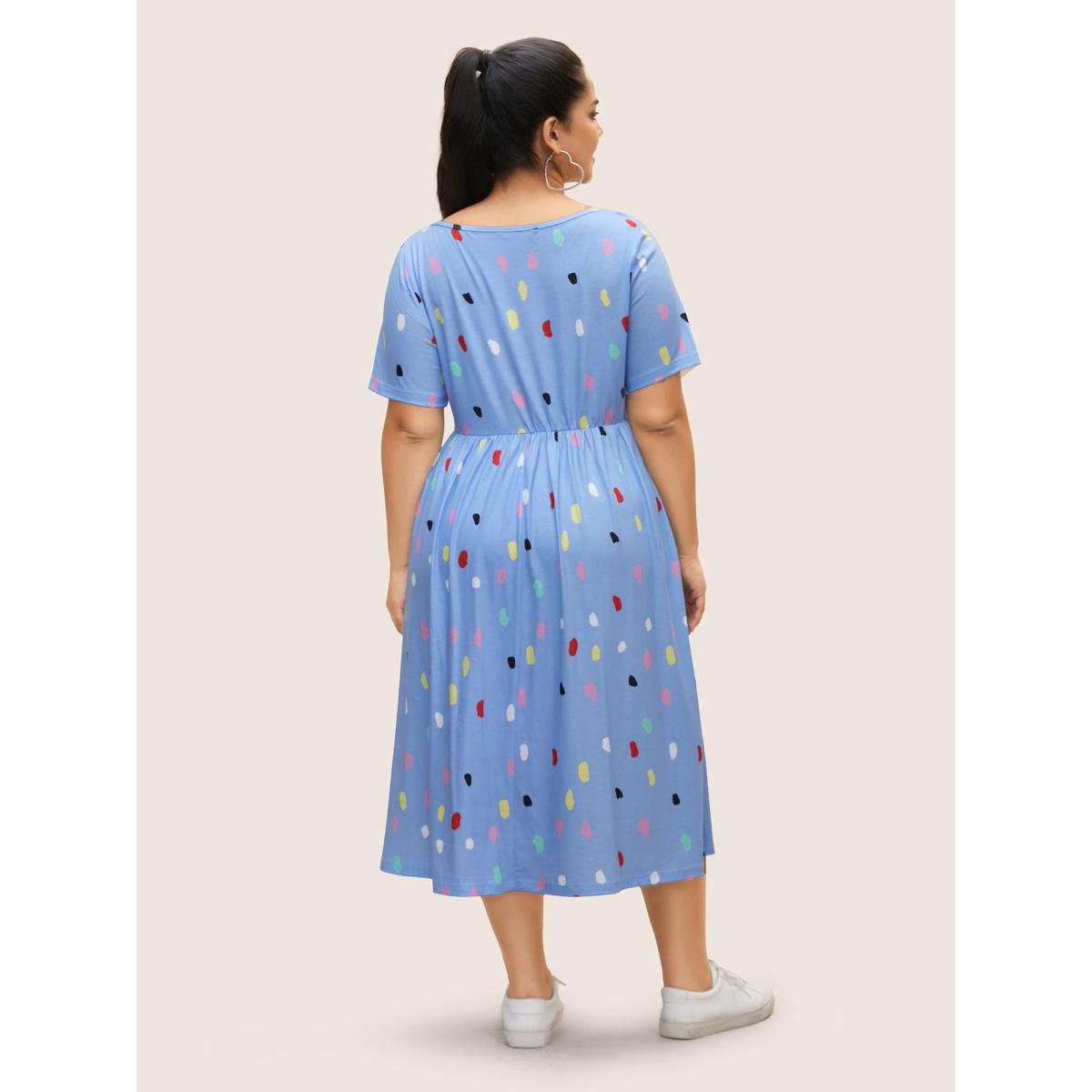 Plus Size Polka Dot Square Neck Slit Hem Dress Skyblue Women Casual Slit Square Neck Short sleeve Curvy BloomChic 26/4X Product Image