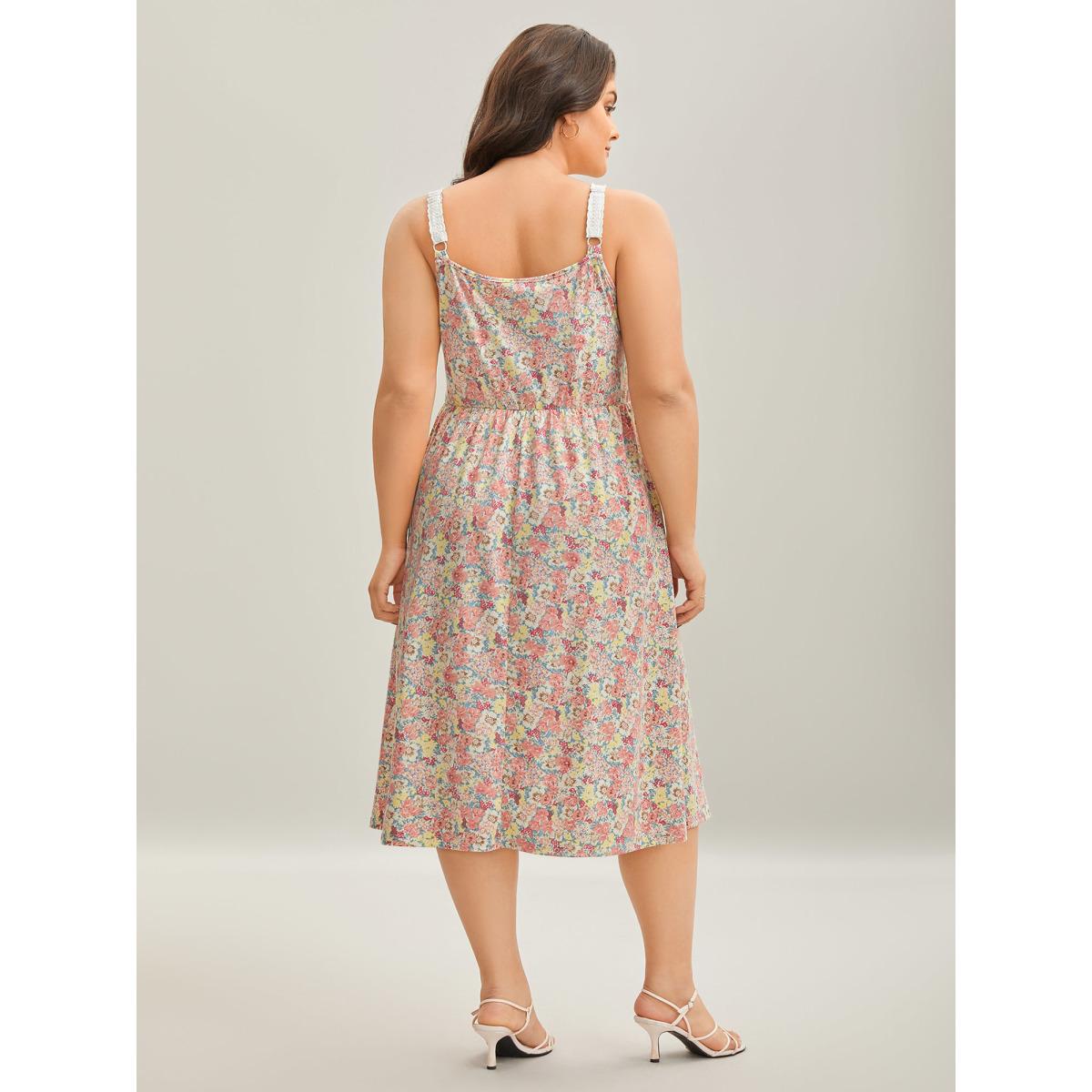 Plus Size Lace Neck Pleated Waist Pockets Midi Dress Multicolor Women Knit Dresses Bloomchic 30/6X Product Image