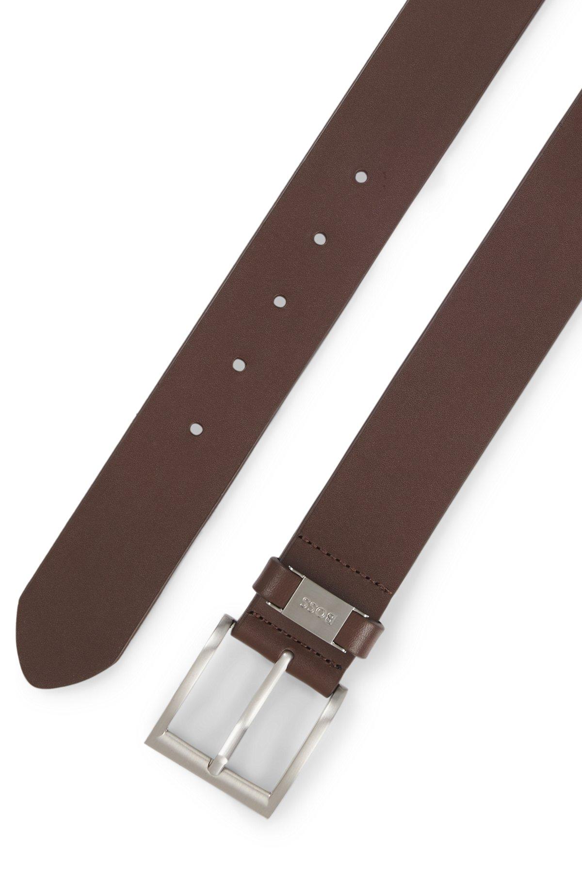Italian-leather belt with logo keeper and brushed hardware Product Image