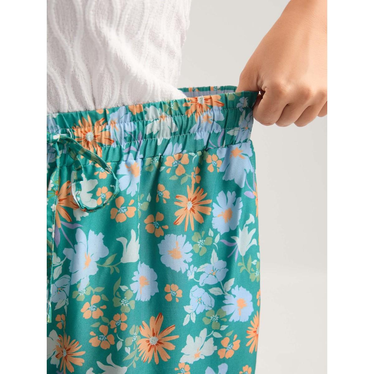 Plus Size Breezy Floral Print Wide-Leg Pants Women Turquoise Elegant Wide Leg Mid Rise Everyday-Elegant Pants BloomChic 28/5X Product Image