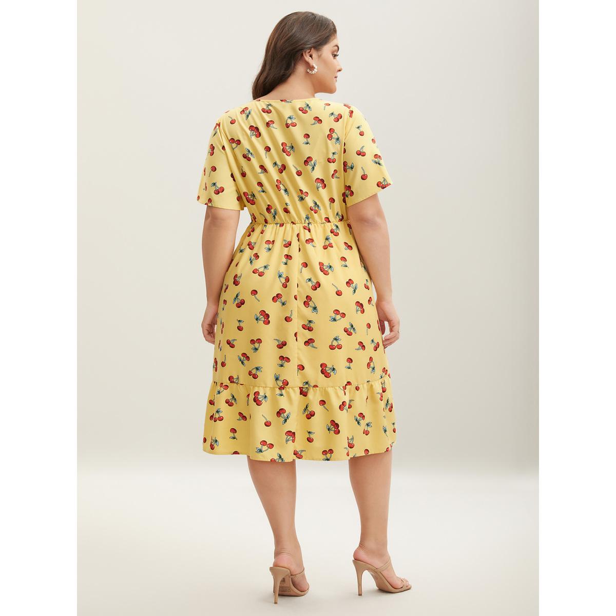 Plus Size Cherry Print Stretchy Cinched-Waist Midi Dress Lemonyellow Women Timeless V-neck Short sleeve Curvy BloomChic 28/5X Product Image